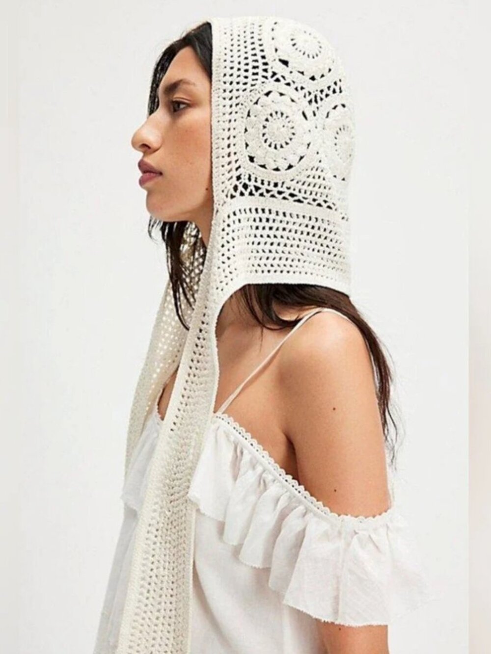 Free People NWT Eira Handmade Knit Crochet Balabonnet Head Covering Ivory